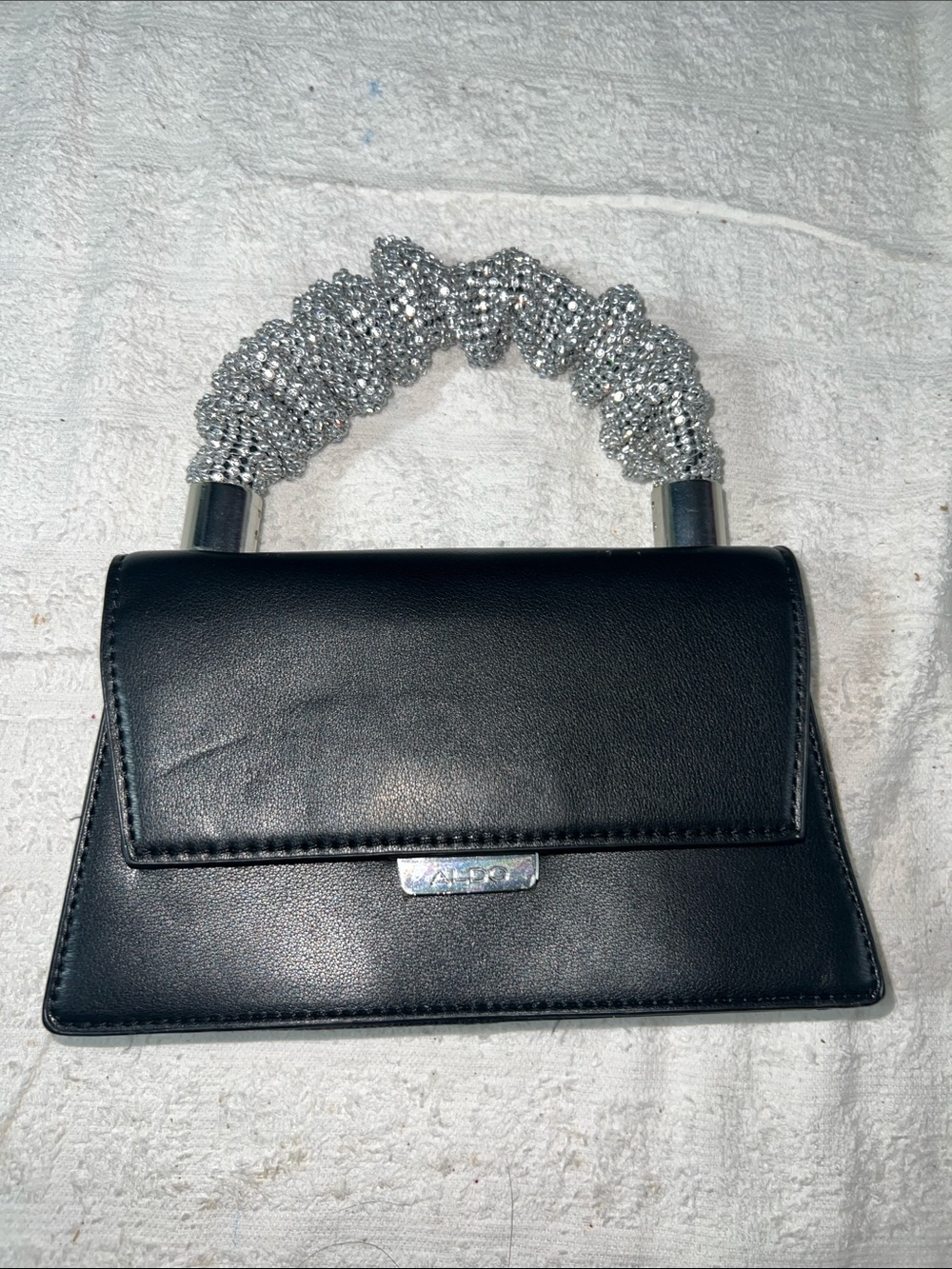 Black Handbag with Silver Crystal Handle - Elegant Evening Bag